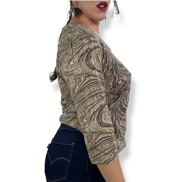 90's tan trippy swirl camo cotton blend scoop neck semi sheer blouse by FRESH - Picture 9 of 16